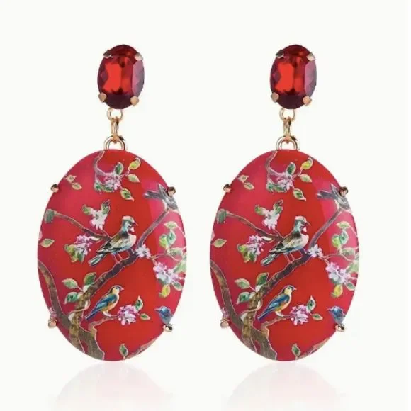 ✨🆕✨Beautifully Boho Vintage Inspired RED Happy Days Floral Birds Earrings ✨ - Picture 1 of 12